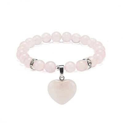 Natural Rose Quartz Round Beaded Stretch Bracelet with Heart Charm