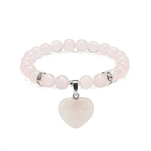 Natural Rose Quartz Round Beaded Stretch Bracelet with Heart Charm