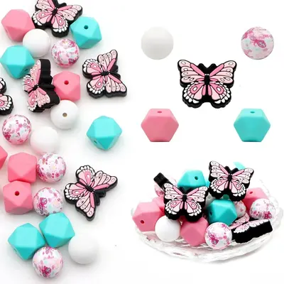 Butterfly & Octagon & Round Shaped Silicone Bead, 25pcs DIY Jewelry Making Supplies for Bracelet Necklace