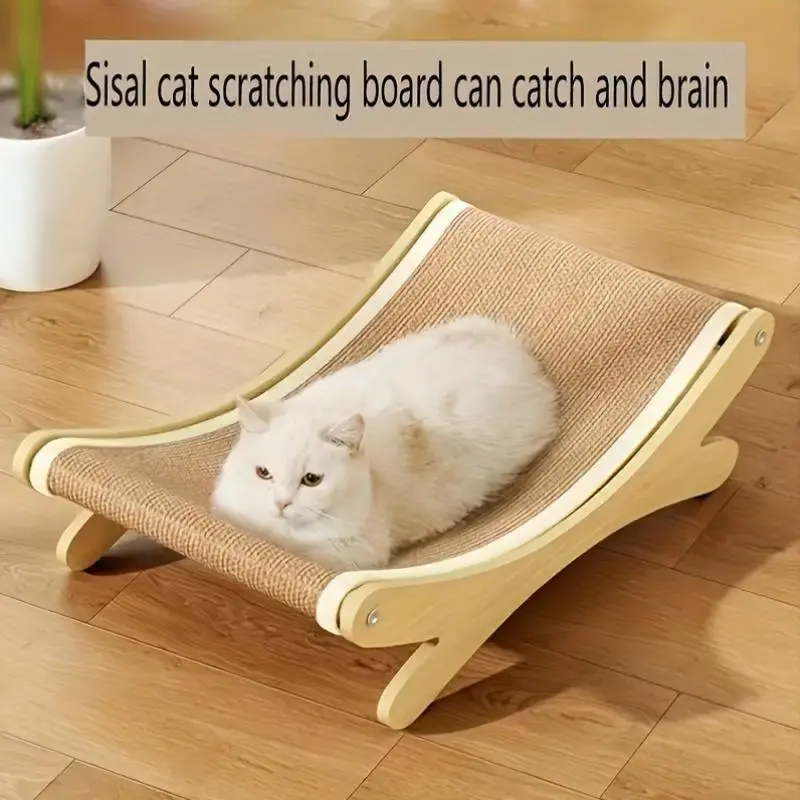 Cat Lounger - Linen with Scratching Surface, Durable Wooden Cat Scratching Post, All Seasons Pet Lounger with Furniture Prote...