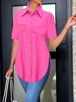 Women's Plain Short Sleeve Button Shirt, Casual Fitted Top for Daily Wear, Ladies Clothes for Summer