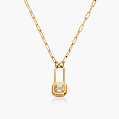 Sterling Silver with Yellow Gold Plated Moissanite Personalized Engraving & Lock Pendant Necklace
