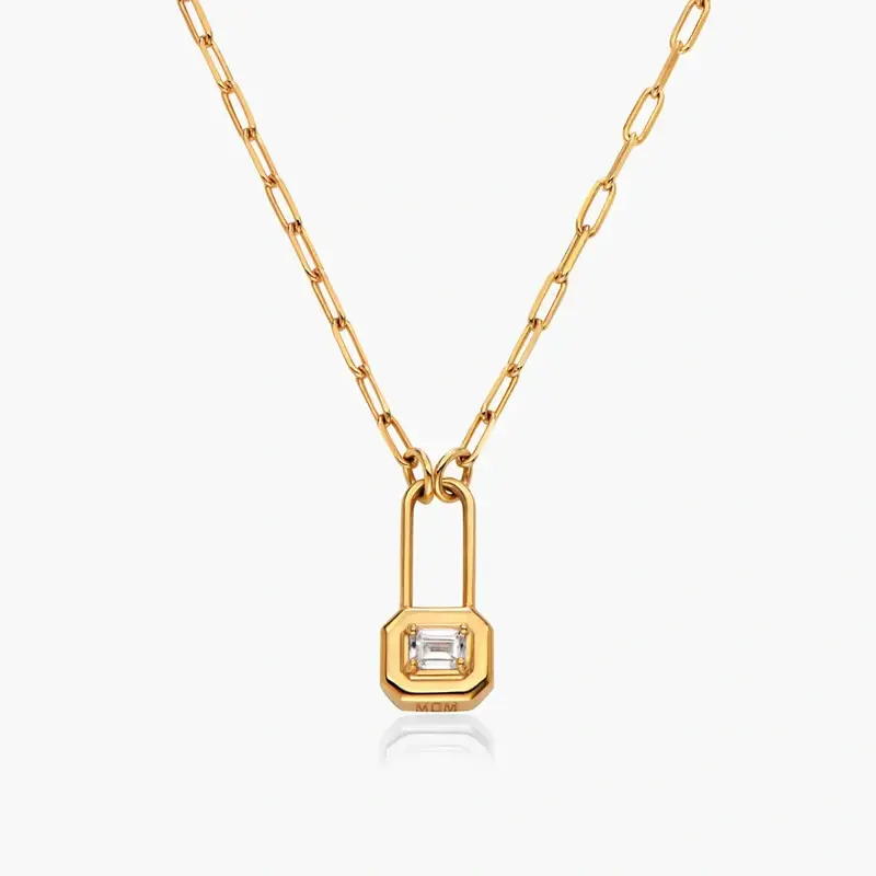 Sterling Silver with Yellow Gold Plated Moissanite Personalized Engraving & Lock Pendant Necklace