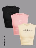 Women's Letter Print Round Neck Tee, Casual Style Slim-fitting Sleeveless T-shirt, Ladies Summer Clothes for Daily Wear, Cute...