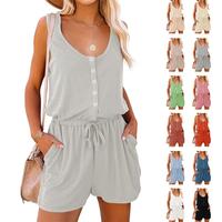 Tankaneo Women's Summer Scoop Neck Sleeveless Button Down Tank Top Rompers Elastic Waist Shorts Outfits with Pockets