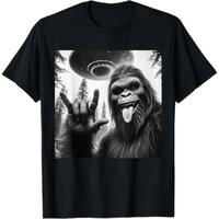 short sleeve shirt  Funny Sasquatch Bigfoot Rock On Selfie With UFO Alien T-Shirt