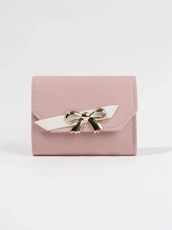 Women's Minimalist Casual Bow Decor PU Leather Short Wallet, Fashion All-match Clutch Purse, Classis Trifold Wallet