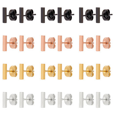 12 Pairs 4 Colors Fashionable 304 Stanless Steel Rectangle Bar Stud Earrings for Men Woman