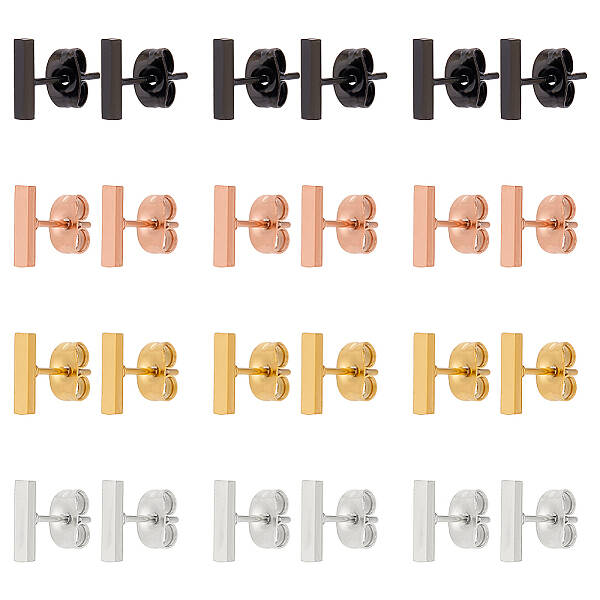 12 Pairs 4 Colors Fashionable 304 Stanless Steel Rectangle Bar Stud Earrings for Men Woman