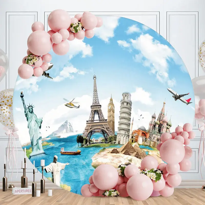 Aperturee Travel Around The World Plane Round Birthday Backdrop