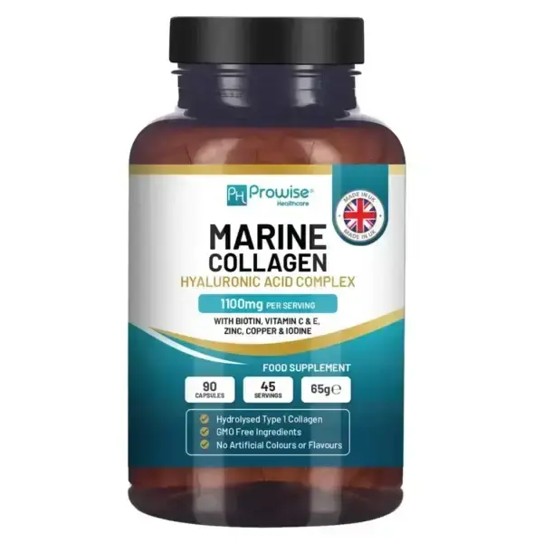 Marine Collagen with Hyaluronic Acid 1100mg - 90 Capsules Boosted with Hyaluronic Acid, Vitamins C, E, B2, Biotin, Copper, Zi...