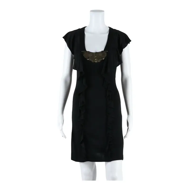 KAREN MILLEN Frill Womens Bodycon Dress Black Viscose Knee Length UK 12