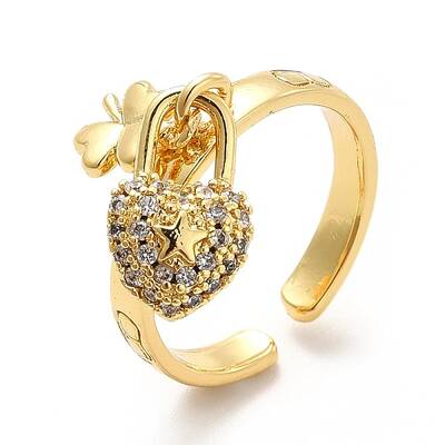 Clear Cubic Zirconia Clover with Star Padlock Charm Open Cuff Ring