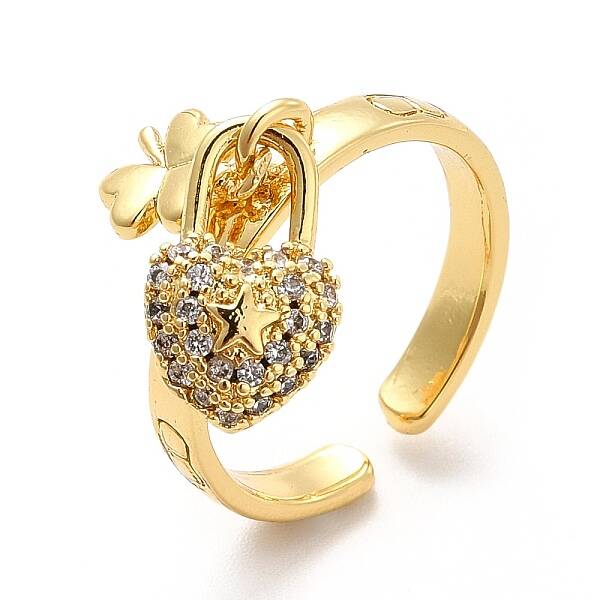 Clear Cubic Zirconia Clover with Star Padlock Charm Open Cuff Ring