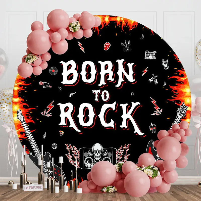 Aperturee Black Passionate Born To Rock Round Birthday Backdrop, Diameter 5Ft/1.5M, 49 USD, round birthday backdrops, RAH0E29...