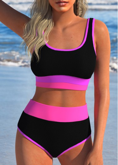 Modlily Contrast Binding Patchwork Black Bikini Set - M