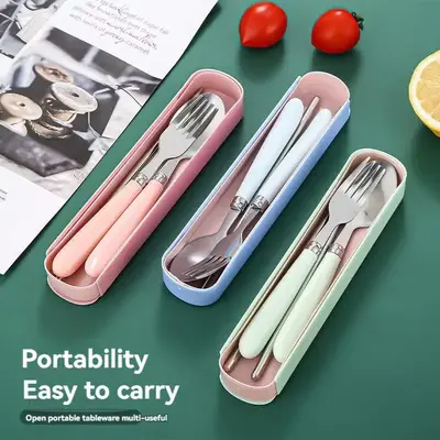 Stainless Steel Tableware Set with Storage Box, 3 Counts/set Including Spoon, Fork & Chopsticks, Portable Tableware Set for O...