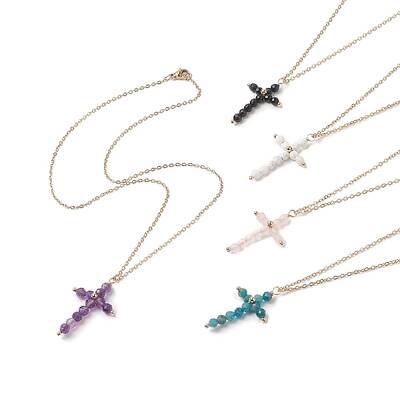 Natural Mixed Gemstone Beaded Cross Pendant Necklace