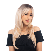 22-Inch Warm Blonde Ombré (Black Roots, Platinum Highlights) Layered Light Wave Synthetic Wig | 【Heat Resistant】【Cap I...