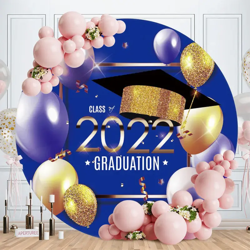 Blue Gold Round Balloons Happy 2022 Grad Backdrop - Aperturee