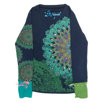 DESIGUAL Mandala Womens Patterned Jumper Blue Floral V-Neck Tight Knit M