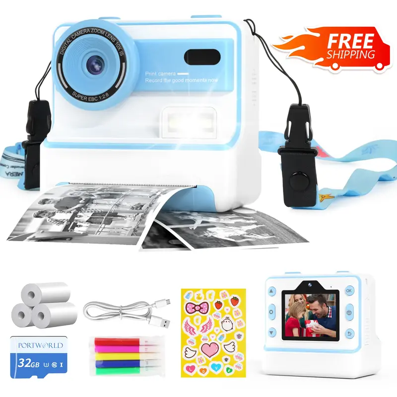 Instant print camera,  kids mini camera,photo printer,with 4 different Colour Pens,kids stuff for girls boys,Perfect Holiday ...