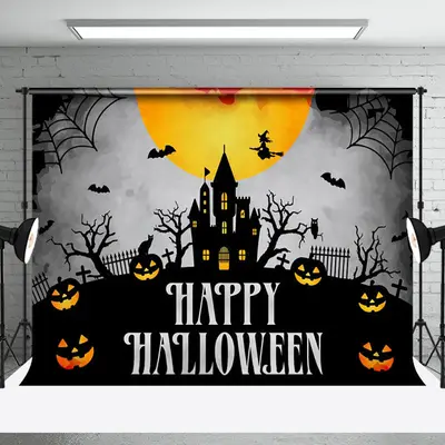 Tomb Castle Scared Pumpkins Night Happy Halloween Backdrop