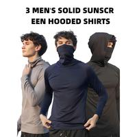3 Pcs Men's Solid Sun Protection Hooded Shirt - Rash Guard Shirts Fishing Hiking Outdoor - Long Sleeve Stretch Active Wear Wi...