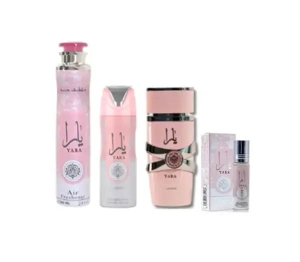 Yara Perfume (3.40z) + yara Deodorant (6.67oz) + yara Air Freshener (10.0 oz) + yara rollon 10ml(0.34oz) from lattafa Perfume...