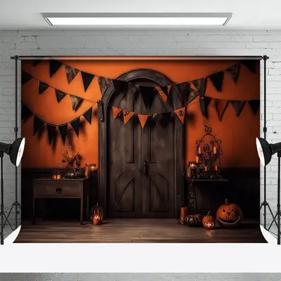 Pumpkin Lantern Black Door Orange Photography Backdrop - Aperturee