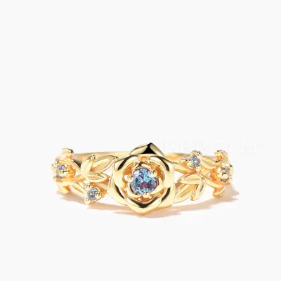 Round Cut Color-change Alexandrite Flower Engagement Ring Leaf Twisted Ring