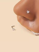 Summer Rhinestone Decor Heart Design L-shaped Nose Studs, Nose Piercing Jewelry, Daily Back To School