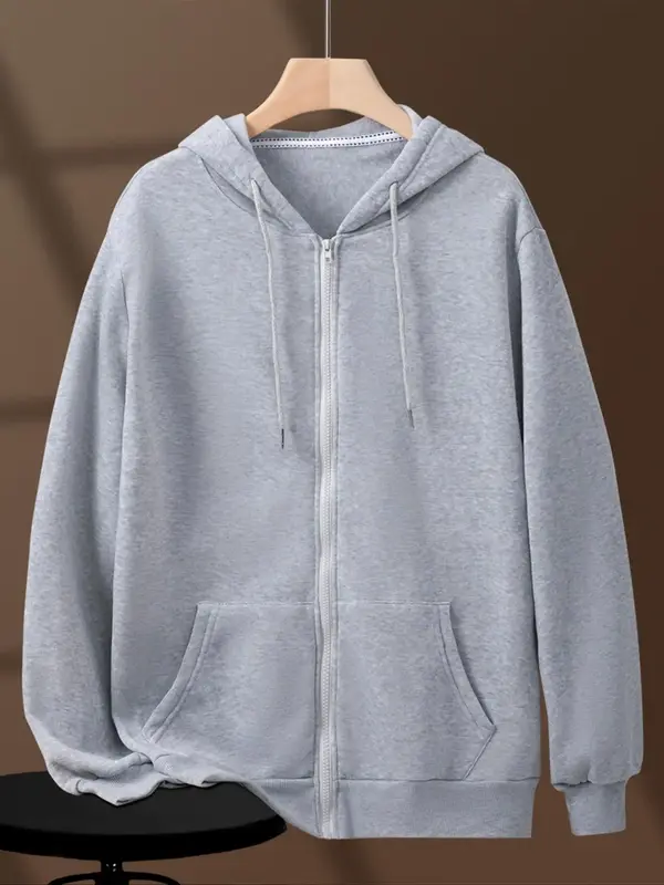 Essentials Hoodie Loose Solid Drop Shoulder Long Sleeve Zip Up Essentials Hoodie, Plain Drawstring Pocket Hooded Sweatshirt f...