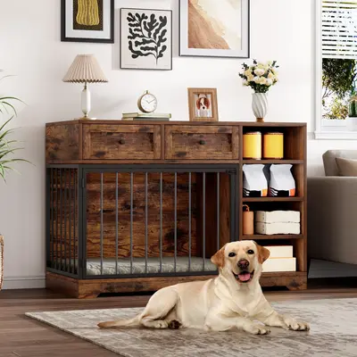 Garvee 47 Dog Crate Furniture Indoor with 2 Drawers & 4 Shelves, Large Dogs Kennel Furniture TV Stand, Wooden Dog Cage for L...