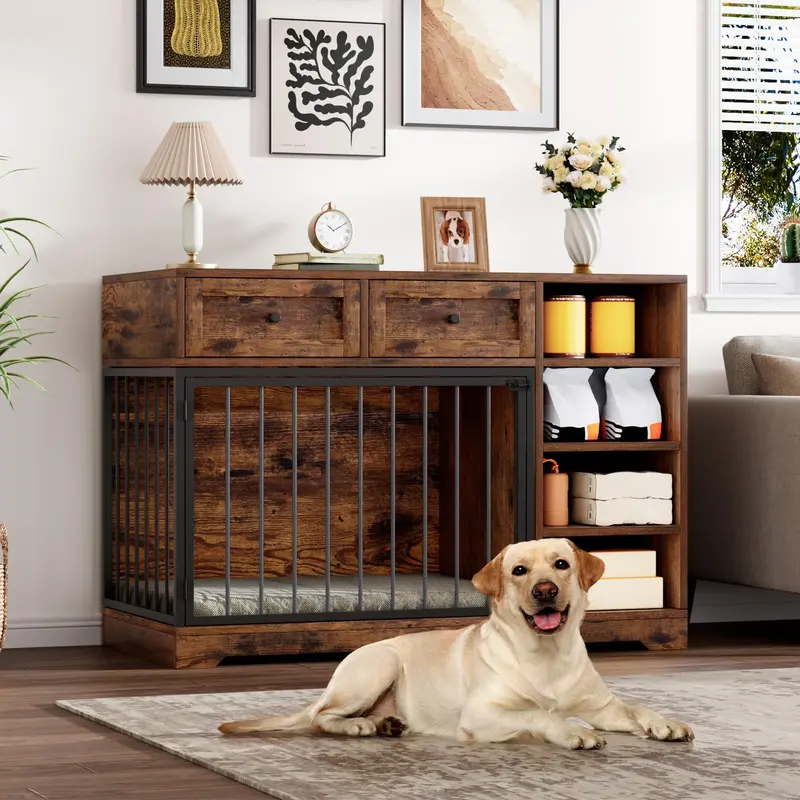Garvee 47 Dog Crate Furniture Indoor with 2 Drawers & 4 Shelves, Large Dogs Kennel Furniture TV Stand, Wooden Dog Cage for L...