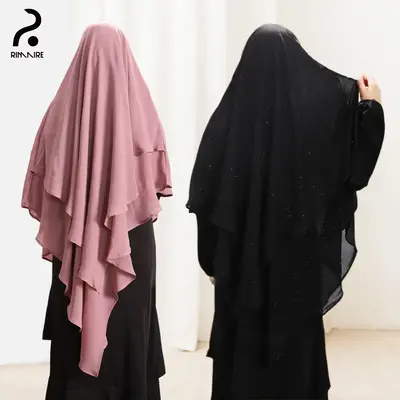 RIMAIRE Luxury Muslim Prayer Hijab 2 Layers Soft Breathable Diamonds Khimars Premium Chiffon Ruffled khimar for Girls Two-Lay...