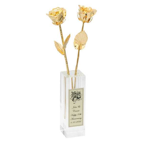 Two 14 50th Anniversary Gold Roses in Personalized Vase