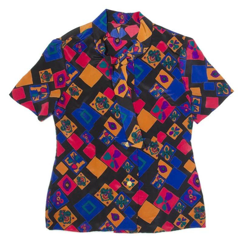 Tie Neck Womens Printed Blouse Black Crazy Pattern M