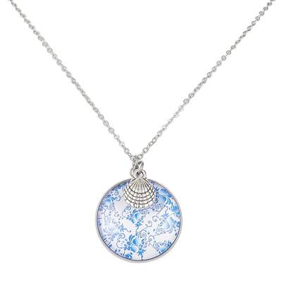 Steel Blue Glass Flat Round & Alloy Pendant Necklace
