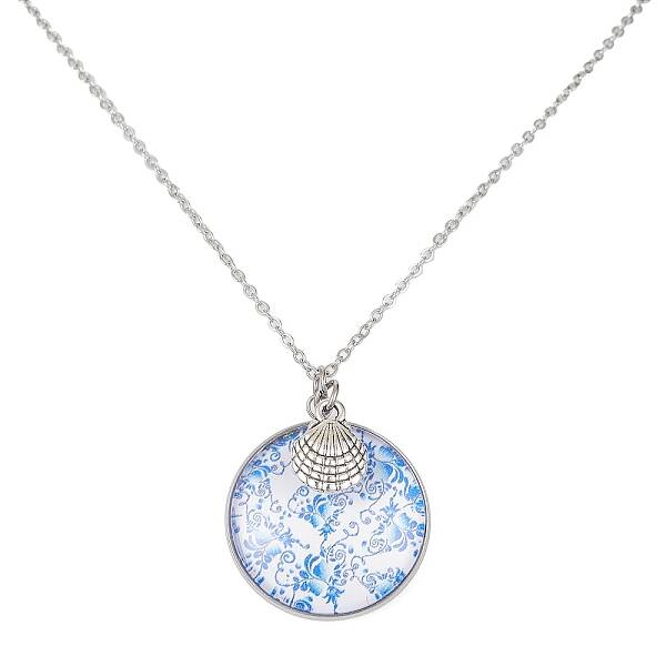 Steel Blue Glass Flat Round & Alloy Pendant Necklace