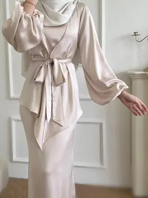 Women's Solid Color Satin Abaya Two-Piece Set, Modest Long Sleeve Open Front Outerwear & Dress Set for Daily Wear, Women's Is...