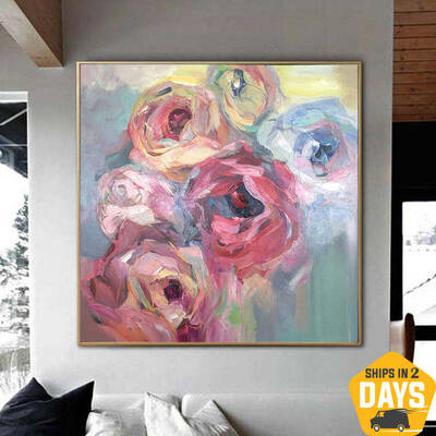 Abstract Colorful Flowers Paintings on Canvas Pink Roses Wall Art Textured Oil Painting | BLOOMING 27.55"x27.55"