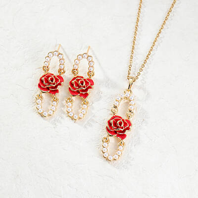 Plastic Beaded Oval with Flower Jewelry Set