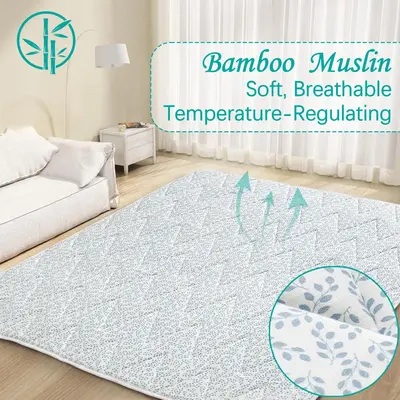 Cooling Bamboo Muslin Play Mat Playpen Mat - Summer Ultra-Soft Breathable Absorbent Non-slip Large Padded Foam Portable Light...