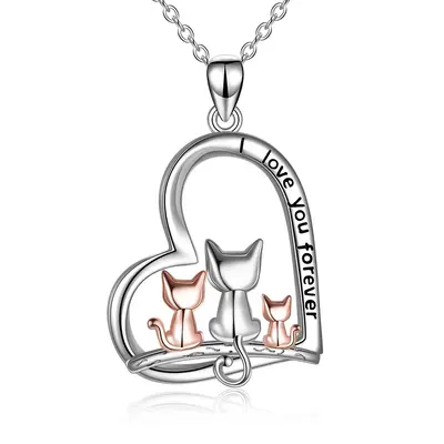 Sterling Silver Two-tone Cat & Heart Pendant Necklace with Engraved Word