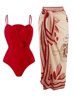 Women's Solid Twist One-piece Swimwear & Leaf Print Tie Front Cover Up Skirt Set, Boho Fashion Adjustable Strap Swimwear Set ...