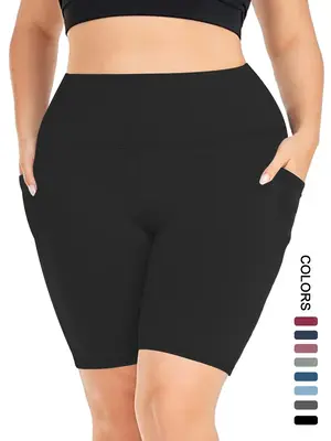 ćPlus Sizeć Pocket High Waist Short Leggings, Casual High Stretch Seamless Skinny Shorts, Summer Clothes Women