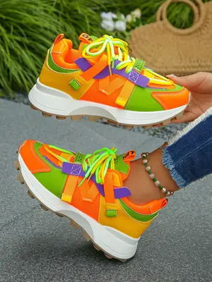 Colorblock Lace Up Low Top Sneakers, Shoes for Summer 2024, Women's Matching Workout Sneakers, Girl Breathable Non-slip Runni...