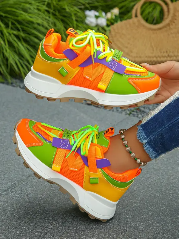 Colorblock Lace Up Low Top Sneakers, Shoes for Summer 2024, Women's Matching Workout Sneakers, Girl Breathable Non-slip Runni...