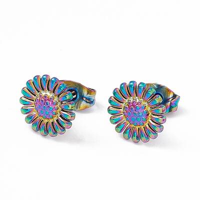 Ion Plating(IP) 304 Stainless Steel Sunflower Stud Earrings for Women